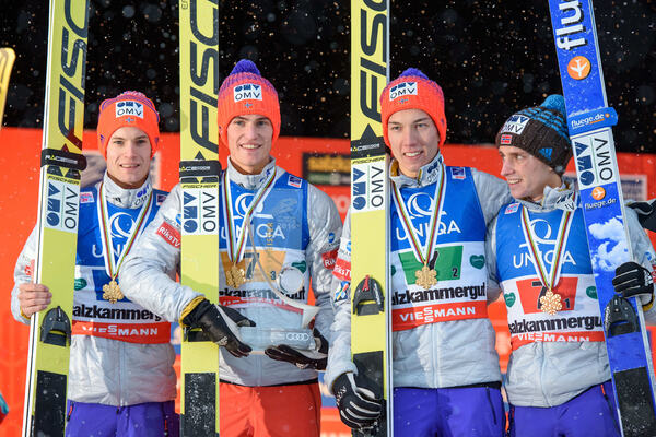 17.01.2016, Tauplitz/Bad Mitterndorf, Austria (AUT):Kenneth Gangnes (NOR), Daniel Andre Tande (NOR), Johann Andre Forfang (NOR), Anders Fannemel (NOR), (l-r) - FIS ski flying world championships, team HS225, Tauplitz/Bad Mitterndorf (AUT). www.nordicfocu NordicFocus