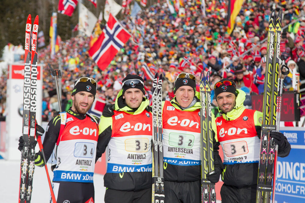 25.01.2015, Antholz, Italy (ITA): Jean Guillaume Beatrix (FRA), Simon Desthieux (FRA), Quentin Fillon Maillet (FRA), Simon Fourcade (FRA)- IBU world cup biathlon, relay men, Antholz (ITA). www.nordicfocus.com. © Manzoni/NordicFocus. Every downloaded pic
