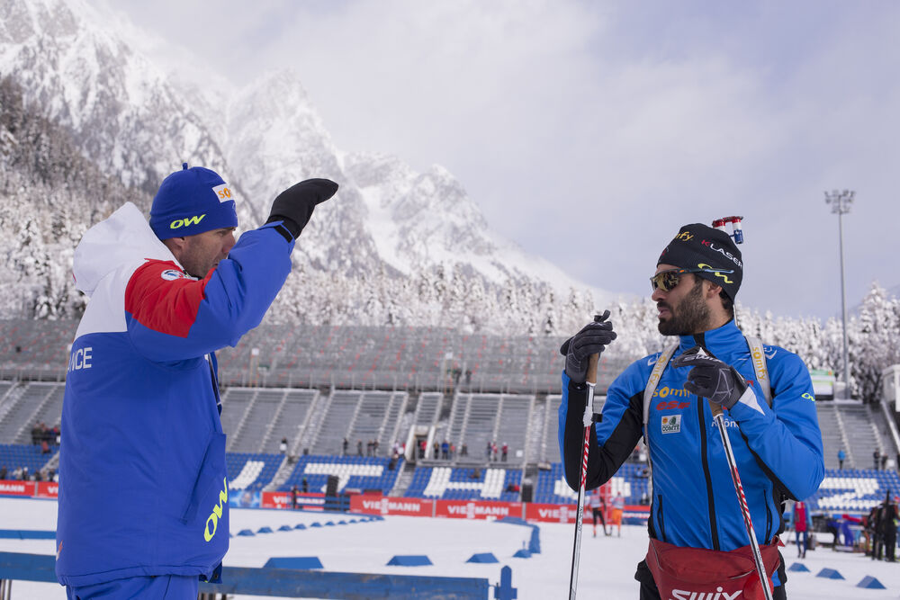 20.01.2016, Antholz, Italy (ITA):Stephane Bouthiaux (FRA) coach Team France, Simon Fourcade (FRA), (l-r) -  IBU world cup biathlon, training, Antholz (ITA). www.nordicfocus.com. © Manzoni/NordicFocus. Every downloaded picture is fee-liable.