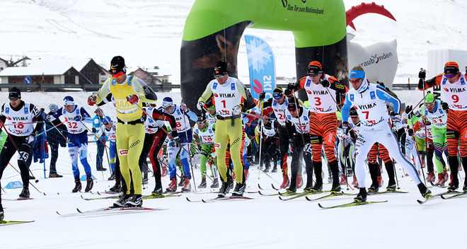 LA DIAGONELA är nästa tävling i Visma Ski Classics på lördag. Här från herrstarten i Zuoz i Engadin-dalen förra året. Foto/rights: KJELL-ERIK KRISTIANSEN/sweski.com
