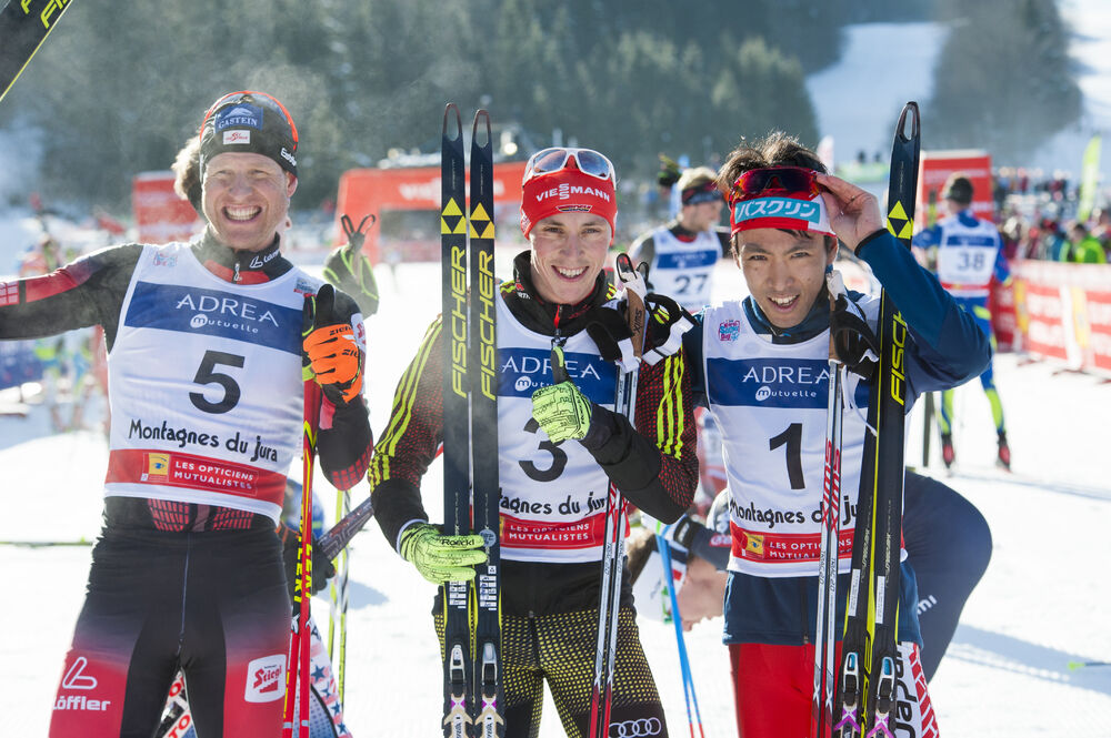 23.01.2016, Chaux-Neuve, France (FRA):Bernhard Gruber (AUT), Eric Frenzel (GER), Akito Watabe (JPN), (l-r) - FIS world cup nordic combined, individual gundersen HS118/10km, Chaux-Neuve (FRA). www.nordicfocus.com. © Becker/NordicFocus. Every downloaded p