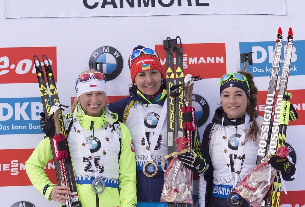 05.02.2016, Canmore, Canada (CAN):Krystyna Guzik (POL), Olena Pidhrushna (UKR), Dorothea Wierer (ITA), (l-r) -  IBU world cup biathlon, sprint women, Canmore (CAN). www.nordicfocus.com. Â© Manzoni/NordicFocus. Every downloaded picture is fee-liable.