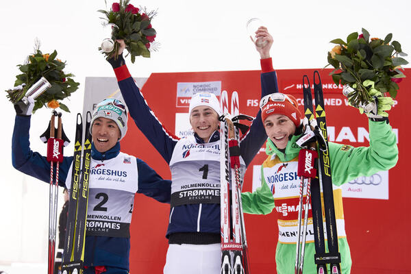 06.02.2016, Oslo, Norway (NOR):Akito Watabe (JPN), Jarl Magnus Riiber (NOR), Eric Frenzel (GER), (l-r) - FIS world cup nordic combined, individual gundersen HS134/10km, Oslo (NOR). www.nordicfocus.com. © Felgenhauer/NordicFocus. Every downloaded picture NordicFocus