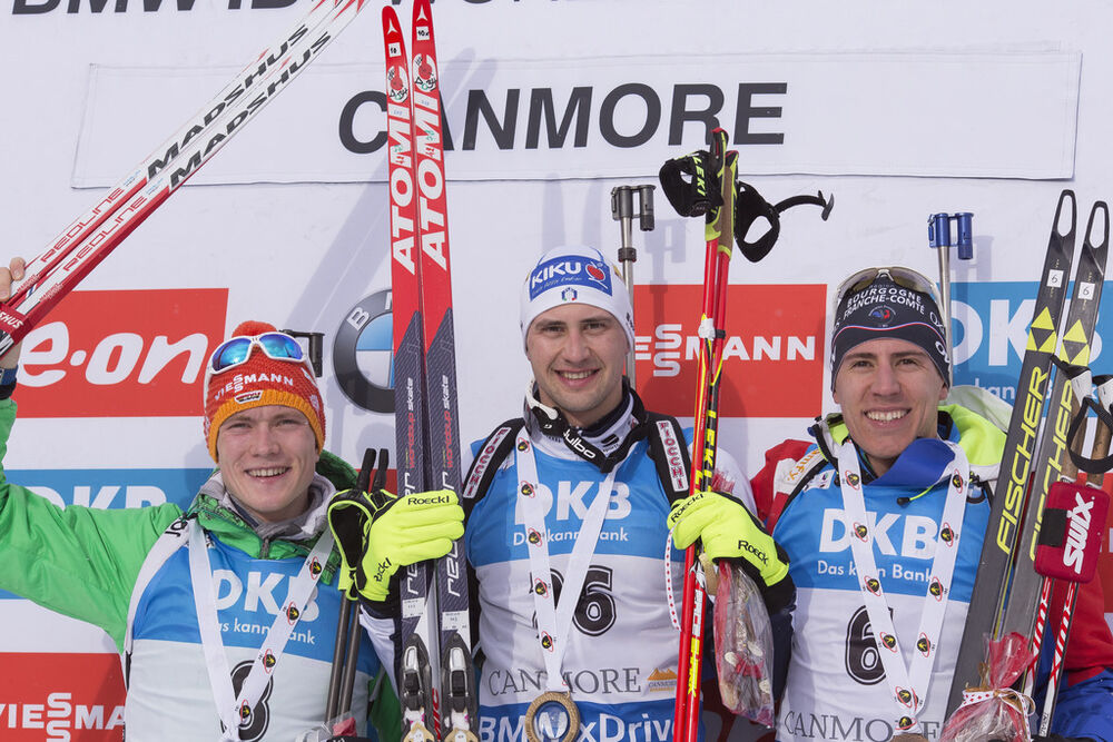 06.02.2016, Canmore, Canada (CAN):Benedikt Doll (GER), Dominik Windisch (ITA), Quentin Fillon Maillet (FRA), (l-r) -  IBU world cup biathlon, mass men, Canmore (CAN). www.nordicfocus.com. © Manzoni/NordicFocus. Every downloaded picture is fee-liable.