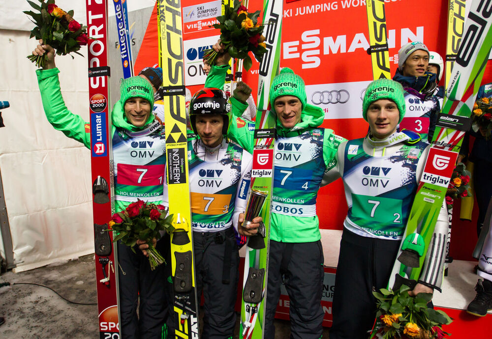 06.02.2016, Oslo, Norway (NOR): (l-r) Jurij Tepes (SLO), Robert Kranjec (SLO), Peter Prevc (SLO) and Domen Prevc (SLO) - FIS world cup ski jumping, team HS134, Oslo (NOR). www.nordicfocus.com. © Laiho/NordicFocus. Every downloaded picture is fee-liable.