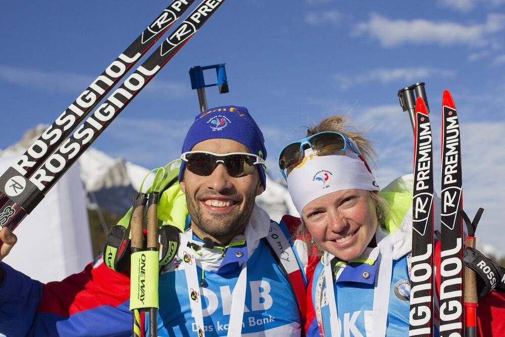 07.02.2016, Canmore, Canada (CAN):Marie Dorin (FRA), Martin Fourcade (FRA), (l-r) -  IBU world cup biathlon, single mixed relay, Canmore (CAN). www.nordicfocus.com. Â© Manzoni/NordicFocus. Every downloaded picture is fee-liable.