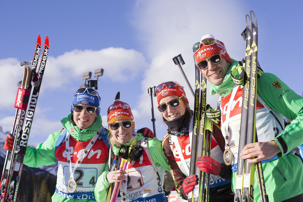 07.02.2016, Canmore, Canada (CAN):Franziska Hildebrand (GER), Franziska Preuss (GER), Simon Schempp (GER), Arnd Peiffer (GER), (l-r) -  IBU world cup biathlon, relay mixed, Canmore (CAN). www.nordicfocus.com. © Manzoni/NordicFocus. Every downloaded pict