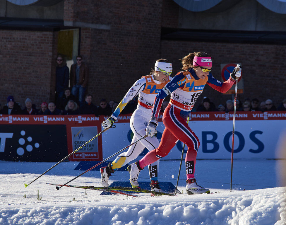 03.02.2016, Drammen, Norway (NOR):Ida Ingemarsdotter (SWE), Maiken Caspersen Falla (NOR), (l-r)  - FIS world cup cross-country, individual sprint, Drammen (NOR). www.nordicfocus.com. © Felgenhauer/NordicFocus. Every downloaded picture is fee-liable.
