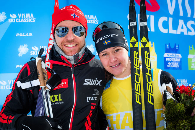 SEGRARNA i lördagens Toblach-Cortina i Visma Ski Classics: Tord Asle Gjerdalen och Britta Johansson Norgren. Foto: MAGNUS ÖSTH