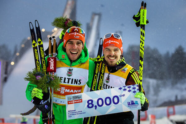 20.02.2016, Lahti, Finland (FIN): (l-r) Johannes Rydzek (GER), Fischer, Swix, Rottefella, Adidas and Fabian Riessle (GER), Fischer, One Way, Rottefella, Adidas - FIS world cup nordic combined, team sprint HS130/2x7.5km, Lahti (FIN). www.nordicfocus.com. � NordicFocus