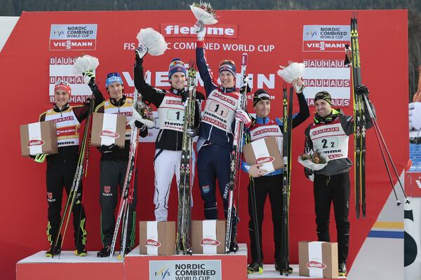 26.02.2016, Val di Fiemme, Italy (ITA):Tobias Haug (GER), Tino Edelmann (GER), Joergen Graabak (NOR), Magnus Krog (NOR), Francois Braud (FRA), Maxime Laheurte (FRA), (l-r) - FIS world cup nordic combined, team sprint HS134/2x7.5km, Val di Fiemme (ITA). w NordicFocus