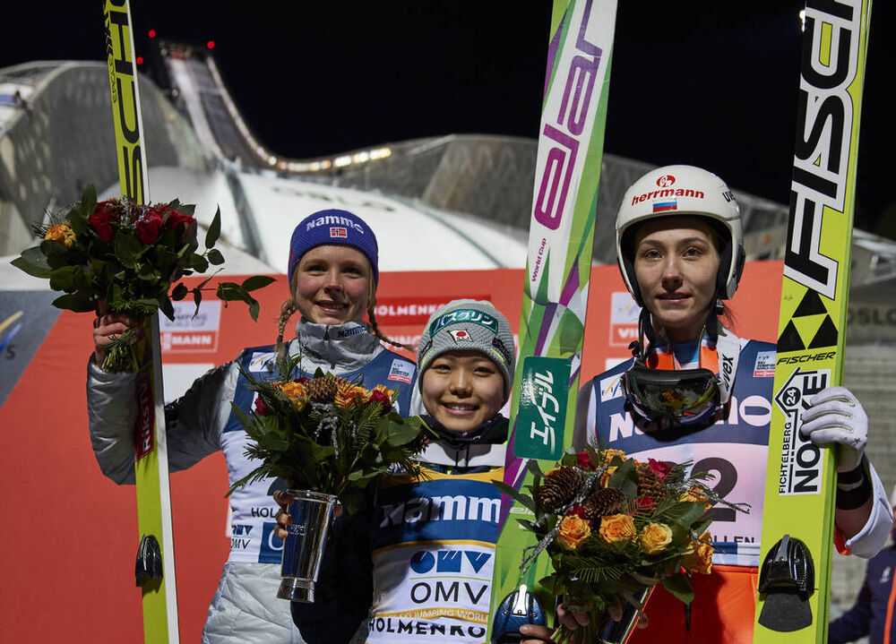 04.02.2016, Oslo, Norway (NOR):Maren Lundby (NOR), Sara Takanashi (JPN), Irina Avvakumova (RUS), (l-r) - FIS world cup ski jumping ladies, individual HS134, Oslo (NOR). www.nordicfocus.com. © Felgenhauer/NordicFocus. Every downloaded picture is fee-liab