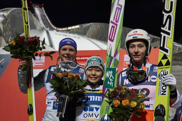 04.02.2016, Oslo, Norway (NOR):Maren Lundby (NOR), Sara Takanashi (JPN), Irina Avvakumova (RUS), (l-r) - FIS world cup ski jumping ladies, individual HS134, Oslo (NOR). www.nordicfocus.com. © Felgenhauer/NordicFocus. Every downloaded picture is fee-liab NordicFocus