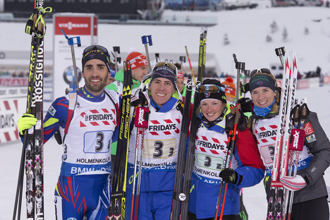 03.03.2016, Oslo, Norway (NOR):Martin Fourcade (FRA), Quentin Fillon Maillet (FRA), Marie Dorin Habert (FRA), Anais Bescond (FRA), (l-r) - IBU world championships biathlon, relay mixed, Oslo (NOR). www.nordicfocus.com. © Manzoni/NordicFocus. Every downl Manzoni/NordicFocus 03.03.2016, Oslo, Norway (NOR):Martin Fourcade (FRA), Quentin Fillon Maillet (FRA), Marie Dorin Habert (FRA), Anais Bescond (FRA), (l-r) - IBU world championships biathlon, relay mixed, Oslo (NOR). www.nordicfocus.com. © Manzoni/NordicFocus. Every downl