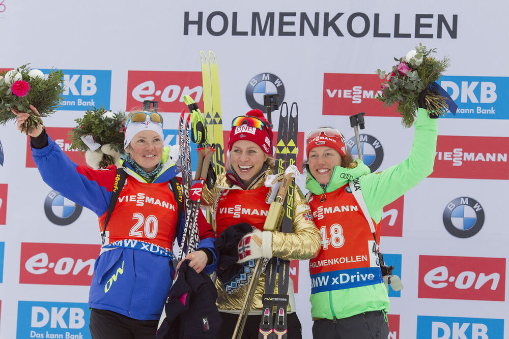 05.03.2016, Oslo, Norway (NOR):Marie Dorin Habert (FRA), Tiril Eckhoff (NOR), Laura Dahlmeier (GER), (l-r) - IBU world championships biathlon, sprint women, Oslo (NOR). www.nordicfocus.com. © NordicFocus. Every downloaded picture is fee-liable.
