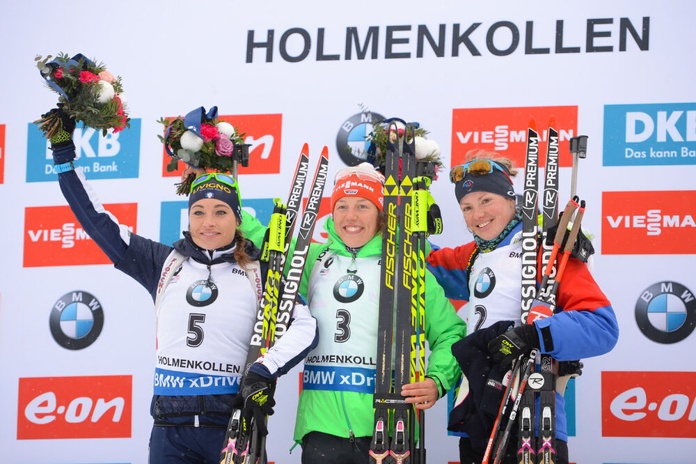 06.03.2016, Oslo, Norway (NOR):Marie Dorin Habert (FRA), Dorothea Wierer (ITA), Laura Dahlmeier (GER) - IBU world championships biathlon, pursuit women, Oslo (NOR). www.nordicfocus.com. © Tumashov/NordicFocus. Every downloaded picture is fee-liable. Tumashov/NordicFocus 06.03.2016, Oslo, Norway (NOR):Marie Dorin Habert (FRA), Dorothea Wierer (ITA), Laura Dahlmeier (GER) - IBU world championships biathlon, pursuit women, Oslo (NOR). www.nordicfocus.com. © Tumashov/NordicFocus. Every downloaded picture is fee-liable.