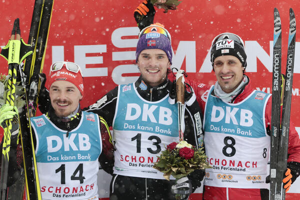 06.03.2016, Schonach, Germany (GER):Fabian Riessle (GER), Joergen Graabak (NOR), Lukas Klapfer (AUT), (l-r) - FIS world cup nordic combined, individual gundersen HS106/15km, Schonach (GER). www.nordicfocus.com. © Modica/NordicFocus. Every downloaded pic NordicFocus