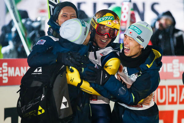 22.02.2016, Kuopio, Finland (FIN): team Japan celebrating around Noriaki Kasai (JPN)- FIS world cup ski jumping, team HS127, Kuopio (FIN). www.nordicfocus.com. © Laiho/NordicFocus. Every downloaded picture is fee-liable. NordicFocus