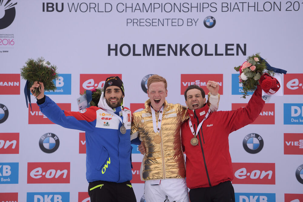 13.03.2016, Oslo, Norway (NOR):Martin Fourcade (FRA), Ole Einar Bjoerndalen (NOR), Johannes Thingnes Boe (NOR) - IBU world championships biathlon, mass men, Oslo (NOR). www.nordicfocus.com. © Tumashov/NordicFocus. Every downloaded picture is fee-liable. Tumashov/NordicFocus 13.03.2016, Oslo, Norway (NOR):Martin Fourcade (FRA), Ole Einar Bjoerndalen (NOR), Johannes Thingnes Boe (NOR) - IBU world championships biathlon, mass men, Oslo (NOR). www.nordicfocus.com. © Tumashov/NordicFocus. Every downloaded picture is fee-liable.