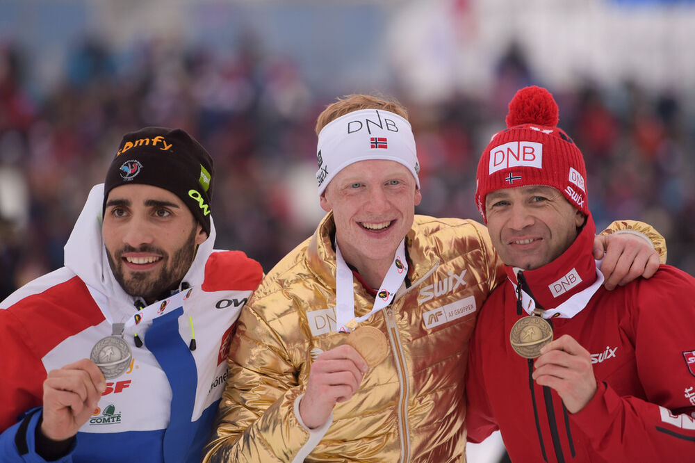 13.03.2016, Oslo, Norway (NOR):Martin Fourcade (FRA), Ole Einar Bjoerndalen (NOR), Johannes Thingnes Boe (NOR) - IBU world championships biathlon, mass men, Oslo (NOR). www.nordicfocus.com. © Tumashov/NordicFocus. Every downloaded picture is fee-liable. Tumashov/NordicFocus 13.03.2016, Oslo, Norway (NOR):Martin Fourcade (FRA), Ole Einar Bjoerndalen (NOR), Johannes Thingnes Boe (NOR) - IBU world championships biathlon, mass men, Oslo (NOR). www.nordicfocus.com. © Tumashov/NordicFocus. Every downloaded picture is fee-liable.
