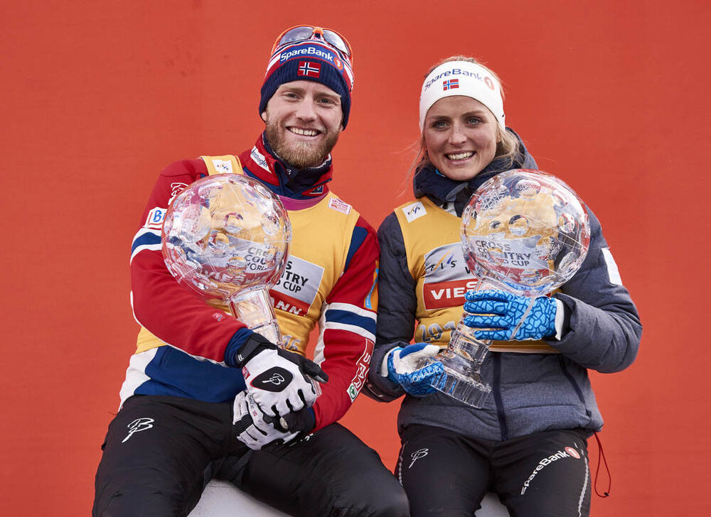 12.03.2016, Canmore, Canada (CAN):Martin Johnsrud Sundby (NOR), Therese Johaug (NOR) (l-r) - FIS world cup cross-country, cups, Canmore (CAN). www.nordicfocus.com. © Felgenhauer/NordicFocus. Every downloaded picture is fee-liable.