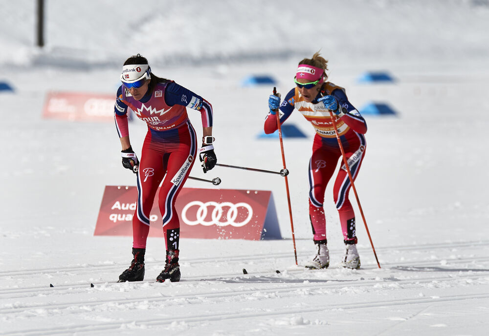12.03.2016, Canmore, Canada (CAN):Heidi Weng (NOR), Therese Johaug (NOR), (l-r)  - FIS world cup cross-country, pursuit women, Canmore (CAN). www.nordicfocus.com. © Felgenhauer/NordicFocus. Every downloaded picture is fee-liable.