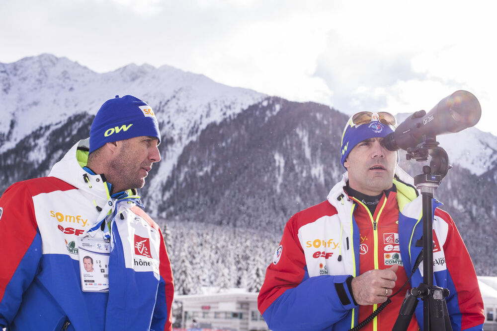 20.01.2016, Antholz, Italy (ITA):Stephane Bouthiaux (FRA) coach Team France, Siegfried Mazet (FRA) coach team France, (l-r) -  IBU world cup biathlon, training, Antholz (ITA). www.nordicfocus.com. © Manzoni/NordicFocus. Every downloaded picture is fee-l