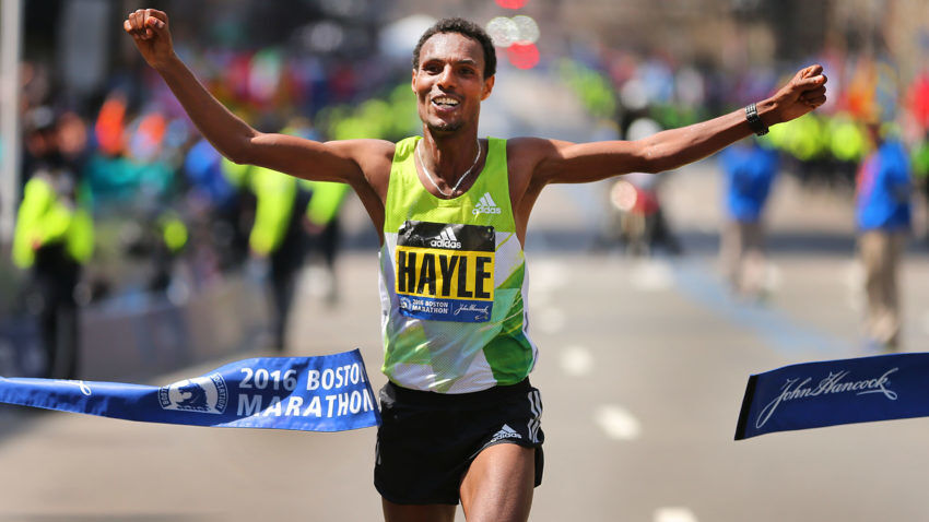 Boston-4/18/16- The finish line at the Boston Marathon. Mens  winner  Lemi Berhanu Hayle crosses the finish line.Boston Globe staff Photo by John Tlumacki (sports)