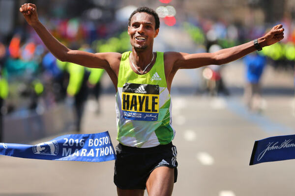 Boston-4/18/16- The finish line at the Boston Marathon. Mens winner Lemi Berhanu Hayle crosses the finish line.Boston Globe staff Photo by John Tlumacki (sports) John Tlumacki/Globe Staff