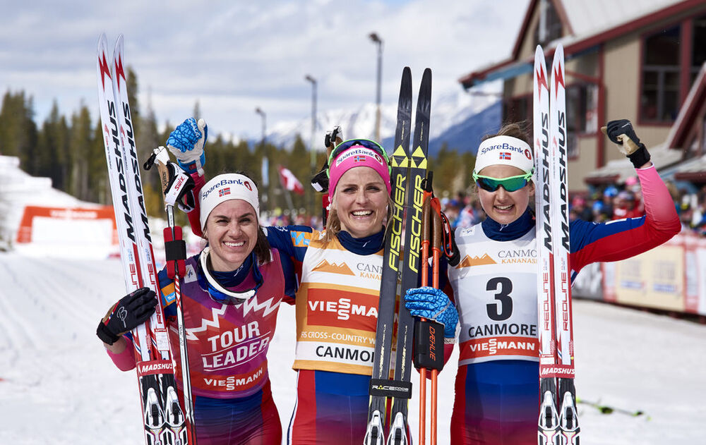 12.03.2016, Canmore, Canada (CAN):Heidi Weng (NOR), Therese Johaug (NOR), Ingvild Flugstad Oestberg (NOR), (l-r)  - FIS world cup cross-country, pursuit women, Canmore (CAN). www.nordicfocus.com. © Felgenhauer/NordicFocus. Every downloaded picture is fe