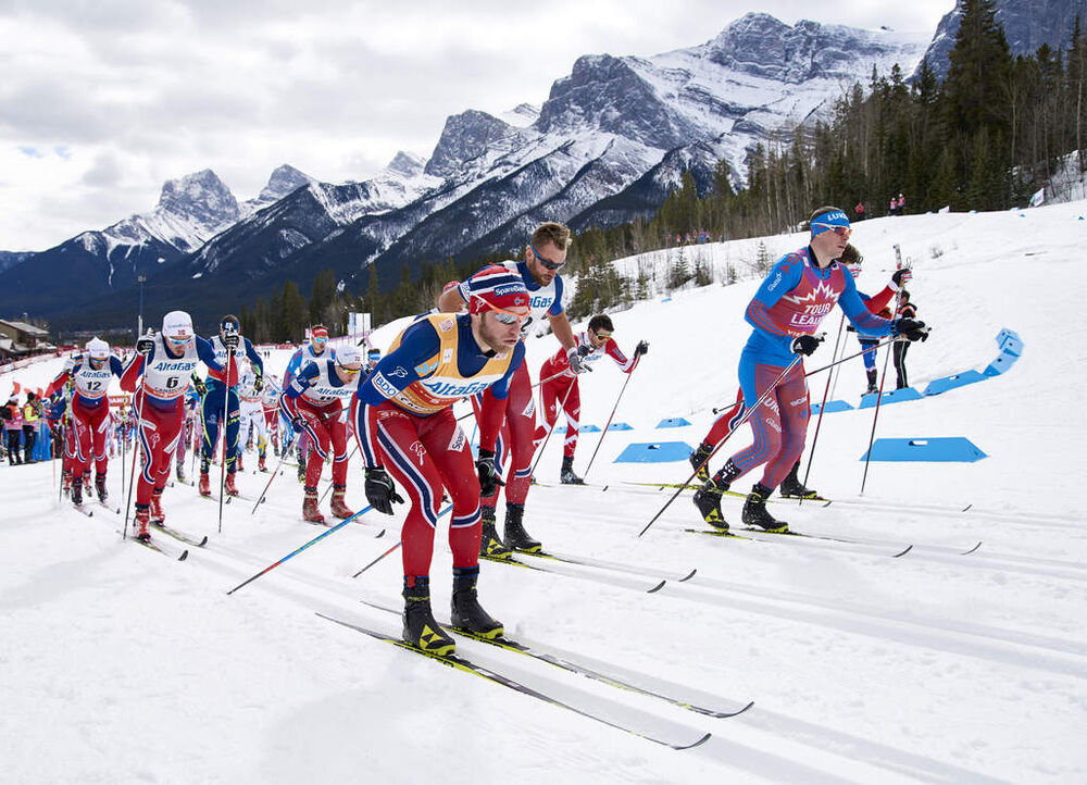 09.03.2016, Canmore, Canada (CAN):Hans Christer Holund (NOR), Finn Haagen Krogh (NOR), Martin Johnsrud Sundby (NOR), Petter Northug (NOR), Sergey Ustiugov (RUS), (l-r)  - FIS world cup cross-country, skiathlon men, Canmore (CAN). www.nordicfocus.com. ©