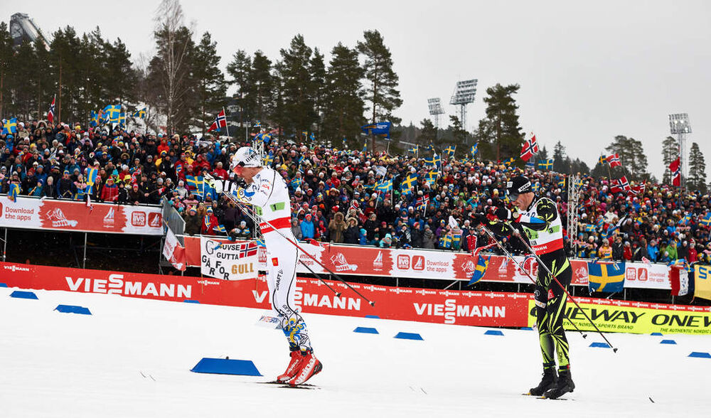 27.02.2015, Falun, Sweden (SWE): Johan Olsson (SWE), Maurice Manificat (FRA), (l-r) - FIS nordic world ski championships, cross-country, 4x10km men, Falun (SWE). www.nordicfocus.com. © NordicFocus. Every downloaded picture is fee-liable.
