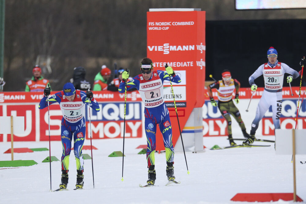 26.02.2016, Val di Fiemme, Italy (ITA):Maxime Laheurte (FRA), Francois Braud (FRA), (l-r)  - FIS world cup nordic combined, team sprint HS134/2x7.5km, Val di Fiemme (ITA). www.nordicfocus.com. © Modica/NordicFocus. Every downloaded picture is fee-liable