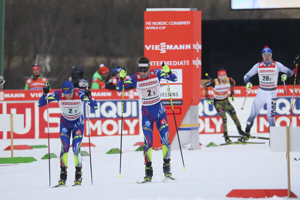 26.02.2016, Val di Fiemme, Italy (ITA):Maxime Laheurte (FRA), Francois Braud (FRA), (l-r) - FIS world cup nordic combined, team sprint HS134/2x7.5km, Val di Fiemme (ITA). www.nordicfocus.com. © Modica/NordicFocus. Every downloaded picture is fee-liable NordicFocus