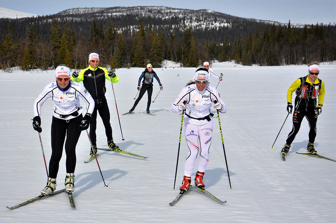 PITEÅ ELIT, med Magdalena Pajala och Charlotte Kalla i täten stormar fram på Saxnäs-lägret. Foto: HÅKAN SVENSOSN