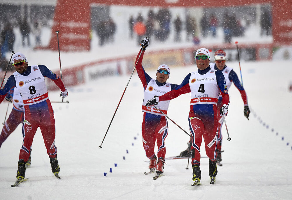 20.02.2016, Lahti, Finland (FIN):Petter Northug (NOR), Finn Haagen Krogh (NOR), Emil Iversen (NOR), (l-r)  - FIS world cup cross-country, individual sprint, Lahti (FIN). www.nordicfocus.com. © Felgenhauer/NordicFocus. Every downloaded picture is fee-lia