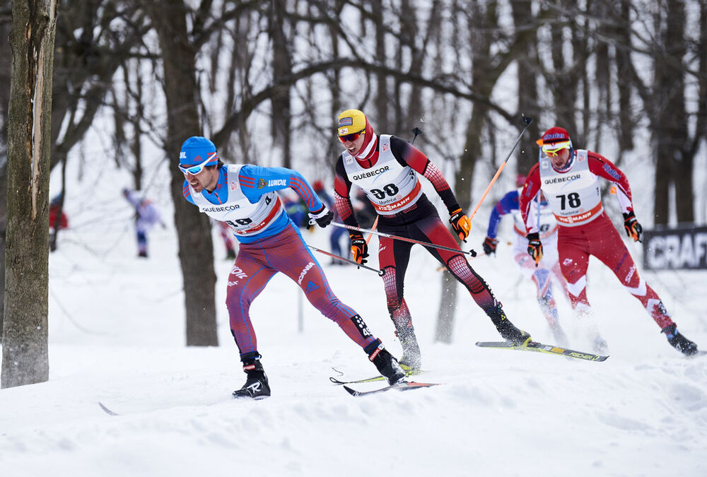 02.03.2016, Montreal, Canada (CAN):Ilia Chernousov (RUS), Dominik Baldauf (AUT), Ivan Babikov (CAN), (l-r)  - FIS world cup cross-country, mass men, Montreal (CAN). www.nordicfocus.com. © Felgenhauer/NordicFocus. Every downloaded picture is fee-liable.
