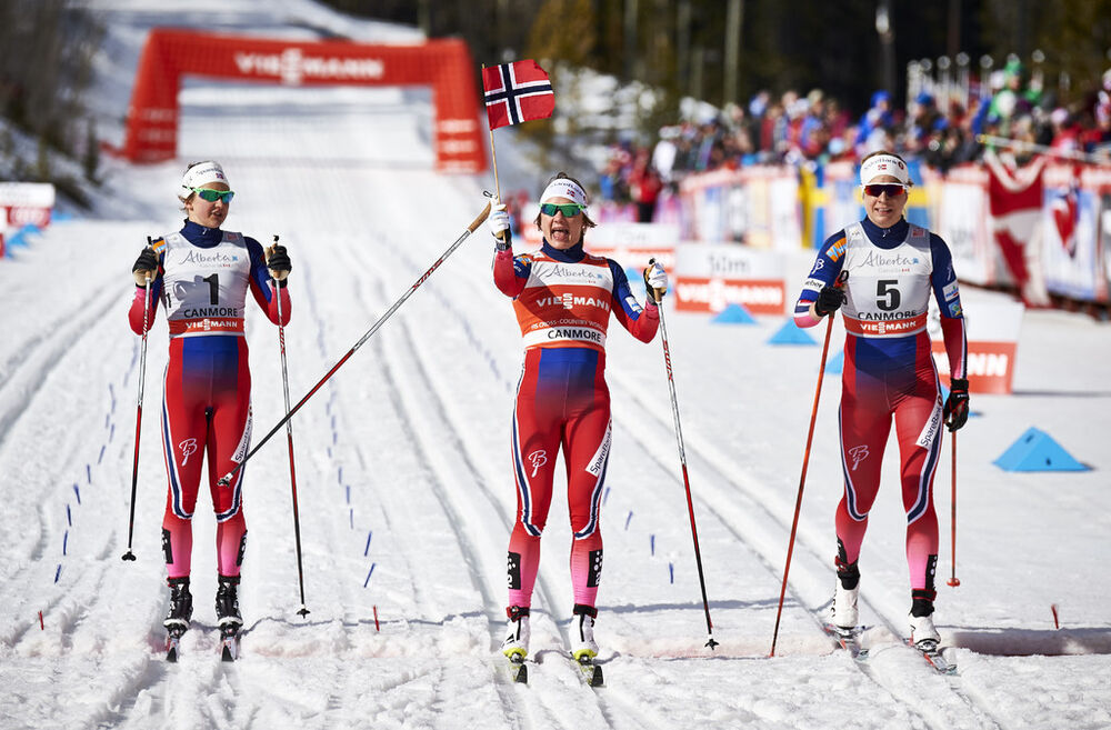 08.03.2016, Canmore, Canada (CAN):Ingvild Flugstad Oestberg (NOR), Maiken Caspersen Falla (NOR), Astrid Uhrenholdt Jacobsen (NOR), (l-r)  - FIS world cup cross-country, individual sprint, Canmore (CAN). www.nordicfocus.com. © Felgenhauer/NordicFocus. Ev