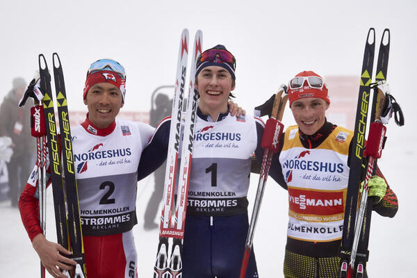 06.02.2016, Oslo, Norway (NOR):Akito Watabe (JPN), Jarl Magnus Riiber (NOR), Eric Frenzel (GER), (l-r) - FIS world cup nordic combined, individual gundersen HS134/10km, Oslo (NOR). www.nordicfocus.com. © Felgenhauer/NordicFocus. Every downloaded pictur NordicFocus
