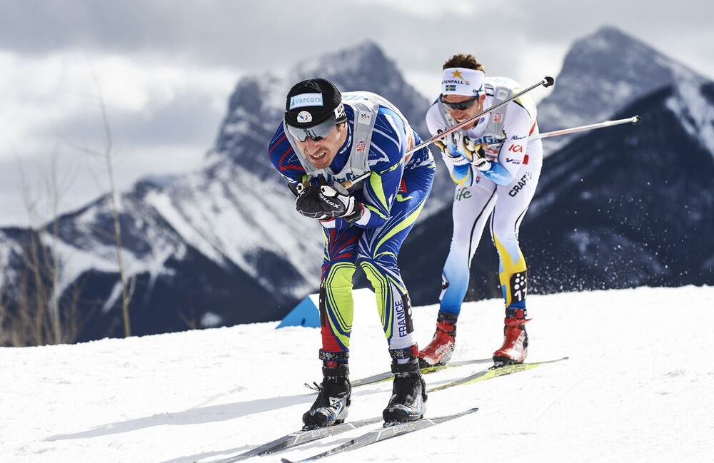 09.03.2016, Canmore, Canada (CAN):Maurice Manificat (FRA), Marcus Hellner (SWE), (l-r)  - FIS world cup cross-country, skiathlon men, Canmore (CAN). www.nordicfocus.com. © Felgenhauer/NordicFocus. Every downloaded picture is fee-liable.