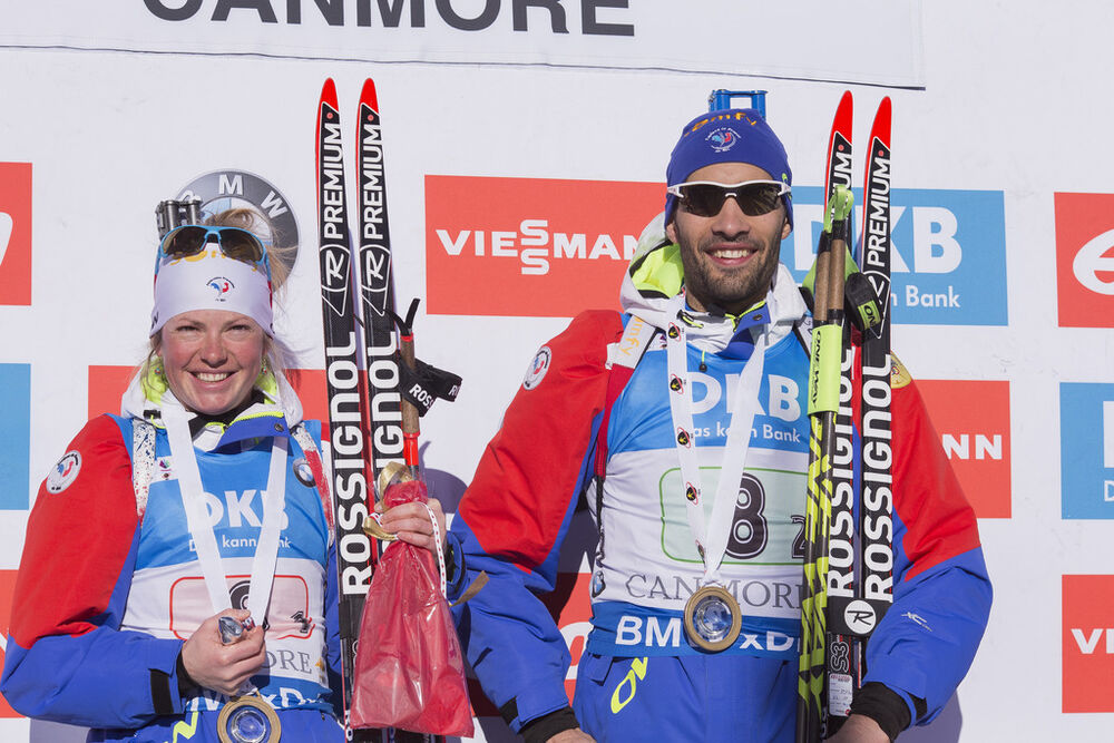 07.02.2016, Canmore, Canada (CAN):Marie Dorin (FRA), Martin Fourcade (FRA), (l-r) -  IBU world cup biathlon, single mixed relay, Canmore (CAN). www.nordicfocus.com. © Manzoni/NordicFocus. Every downloaded picture is fee-liable.