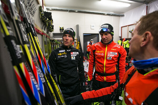 28.11.2014, Ruka, Finland (FIN): Salomon feature in a wax cabin with Jean Marc Gaillard (FRA), Salomon, Swix, One Way and Maurice Manificat (FRA), Salomon, Swix, One Way- FIS world cup cross-country, training, Ruka (FIN). www.nordicfocus.com. © Laiho/No NordicFocus
