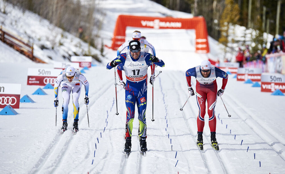 08.03.2016, Canmore, Canada (CAN):Maurice Manificat (FRA), Petter Northug (NOR), (l-r)  - FIS world cup cross-country, individual sprint, Canmore (CAN). www.nordicfocus.com. © Felgenhauer/NordicFocus. Every downloaded picture is fee-liable.