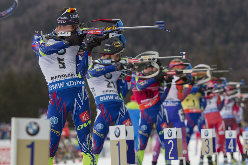 10.01.2016, Ruhpolding, Germany (GER):Quentin Fillon Maillet (FRA), Simon Fourcade (FRA), Jean Guillaume Beatrix (FRA), (l-r) -  IBU world cup biathlon, mass men, Ruhpolding replacing Oberhof (GER). www.nordicfocus.com. © Manzoni/NordicFocus. Every down