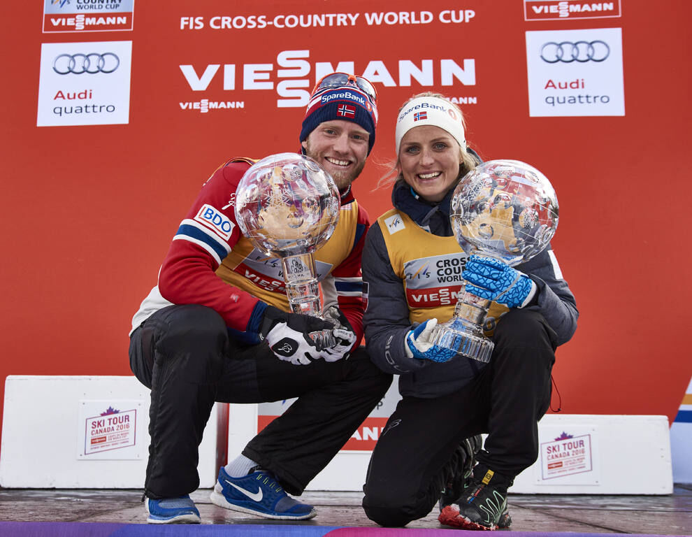 12.03.2016, Canmore, Canada (CAN):Martin Johnsrud Sundby (NOR), Therese Johaug (NOR) (l-r) - FIS world cup cross-country, cups, Canmore (CAN). www.nordicfocus.com. © Felgenhauer/NordicFocus. Every downloaded picture is fee-liable.