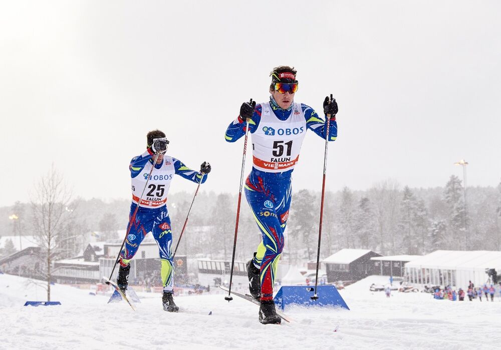 13.02.2016, Falun, Sweden (SWE):Jean Marc Gaillard (FRA), Valentin Chauvin (FRA), (l-r)  - FIS world cup cross-country, 10km men, Falun (SWE). www.nordicfocus.com. Â© Felgenhauer/NordicFocus. Every downloaded picture is fee-liable.