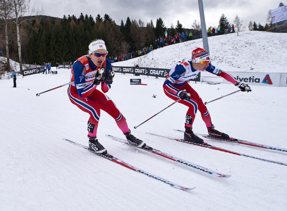 09.01.2016, Val di Fiemme, Italy (ITA):Ingvild Flugstad Oestberg (NOR), Heidi Weng (NOR), (l-r)  - FIS world cup cross-country, tour de ski, mass women, Val di Fiemme (ITA). www.nordicfocus.com. © Felgenhauer/NordicFocus. Every downloaded picture is fee