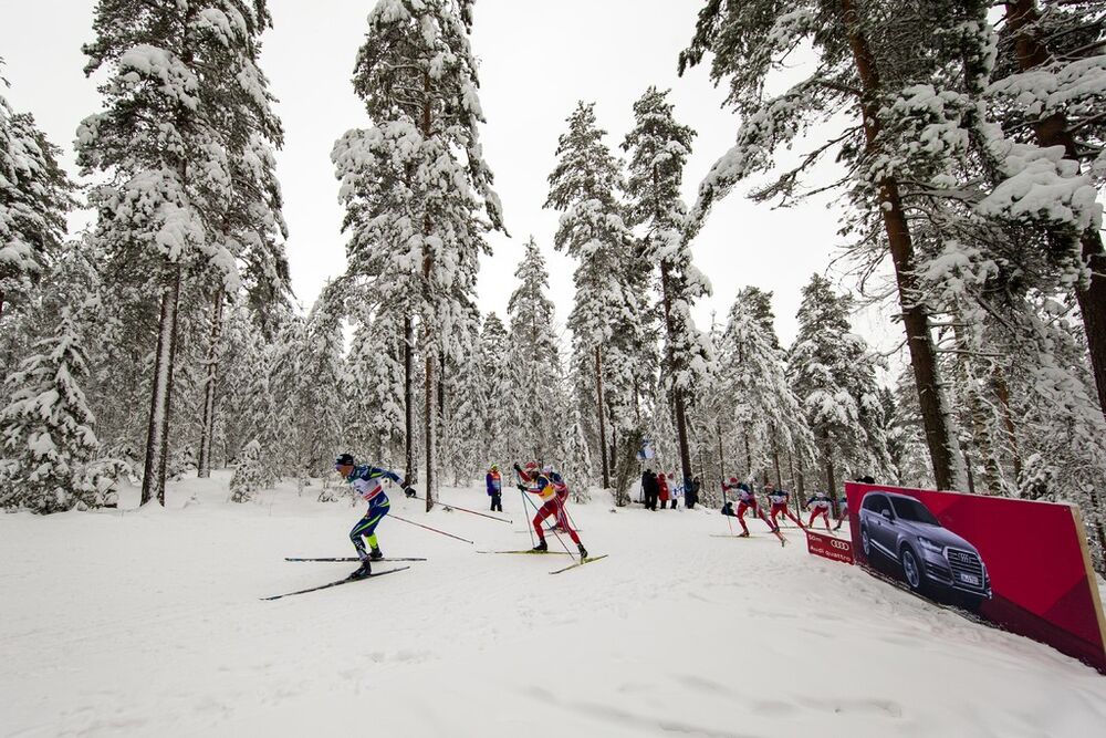 21.02.2016, Lahti, Finland (FIN): Maurice Manificat (FRA), Salomon, Swix, One Way followed by Martin Johnsrud Sundby (NOR), Fischer, KV+, Rottefella - FIS world cup cross-country, skiathlon men, Lahti (FIN). www.nordicfocus.com. © Laiho/NordicFocus. Ever