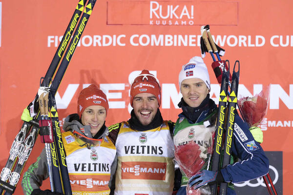 26.11.2016, Ruka, Finland (FIN):Eric Frenzel (GER), Johannes Rydzek (GER), Joergen Graabak (NOR), (l-r) - FIS world cup nordic combined, individual gundersen HS142/10km, Ruka (FIN). www.nordicfocus.com. © Modica/NordicFocus. Every downloaded picture is NordicFocus
