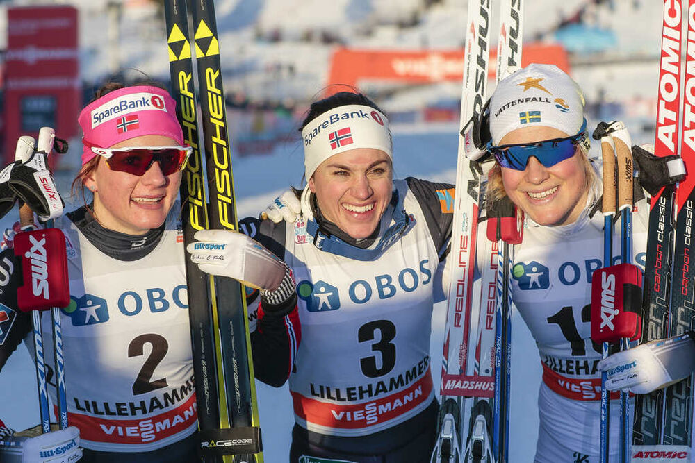 02.12.2016, Lillehammer, Norway (NOR):Maiken Caspersen Falla (NOR), Heidi Weng (NOR), Hanna Falk (SWE), (l-r) - FIS world cup cross-country, individual sprint, Lillehammer (NOR). www.nordicfocus.com. © Modica/NordicFocus. Every downloaded picture is fee